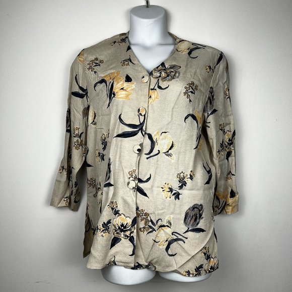 Moda Petite By Paris Star Vintage Flowers V-Neck Button Down Shirt - Picture 1 of 9